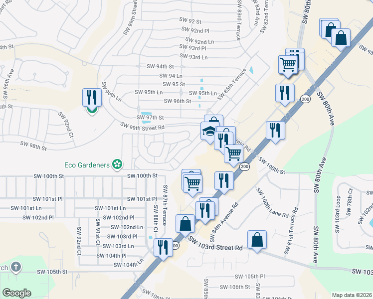 map of restaurants, bars, coffee shops, grocery stores, and more near 8637 Southwest 97th Lane Road in Ocala