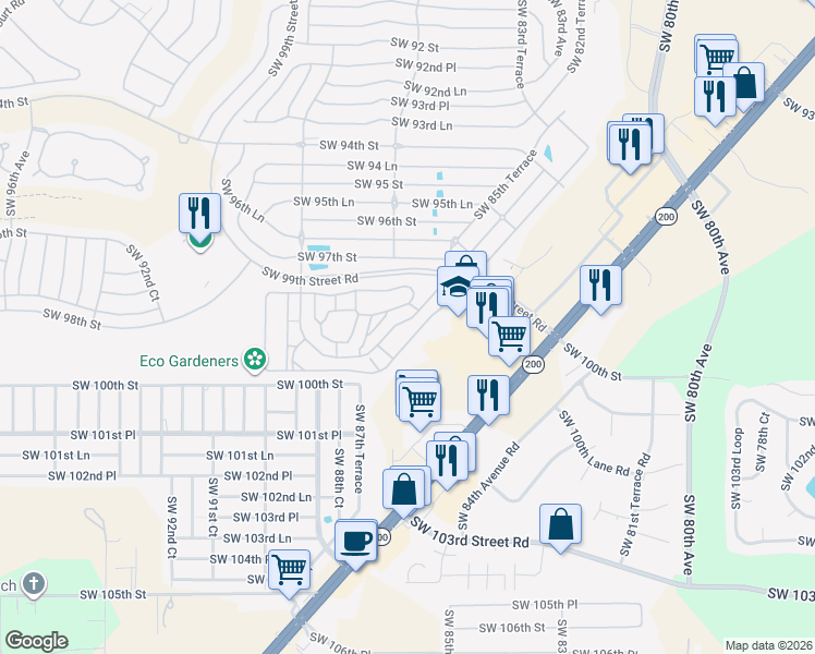 map of restaurants, bars, coffee shops, grocery stores, and more near 8637 Southwest 97th Lane Road in Ocala