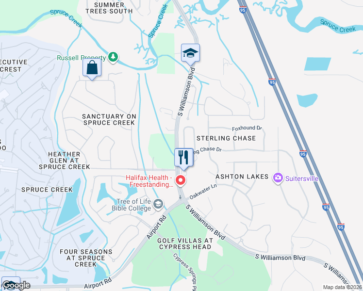 map of restaurants, bars, coffee shops, grocery stores, and more near 6100 Red Stag Drive in Port Orange