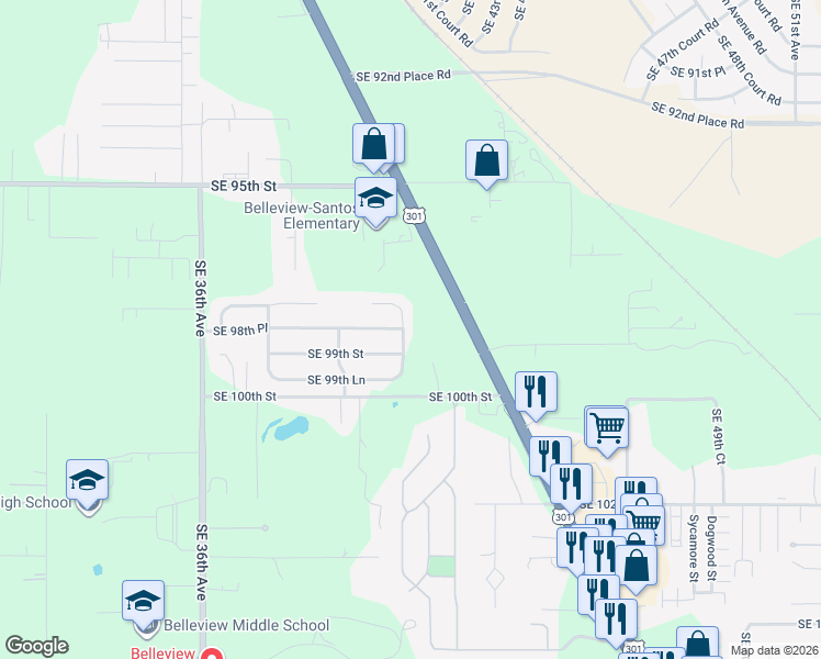 map of restaurants, bars, coffee shops, grocery stores, and more near 9845 Southeast 41st Court in Belleview