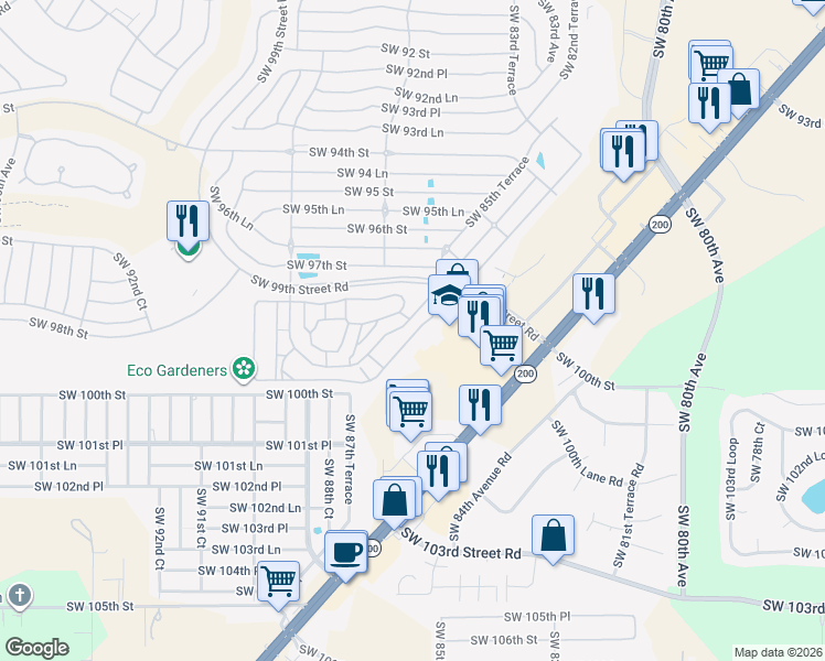 map of restaurants, bars, coffee shops, grocery stores, and more near 8637 Southwest 97th Lane Road in Ocala