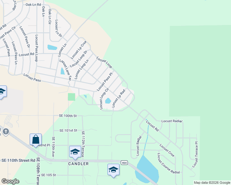 map of restaurants, bars, coffee shops, grocery stores, and more near 17 Locust Loop in Ocala