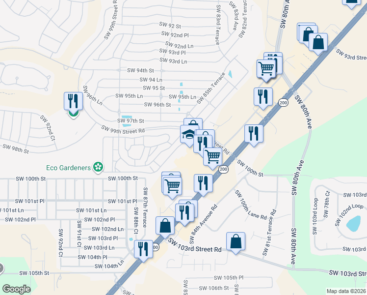 map of restaurants, bars, coffee shops, grocery stores, and more near 9880 Southwest 84th Court in Ocala