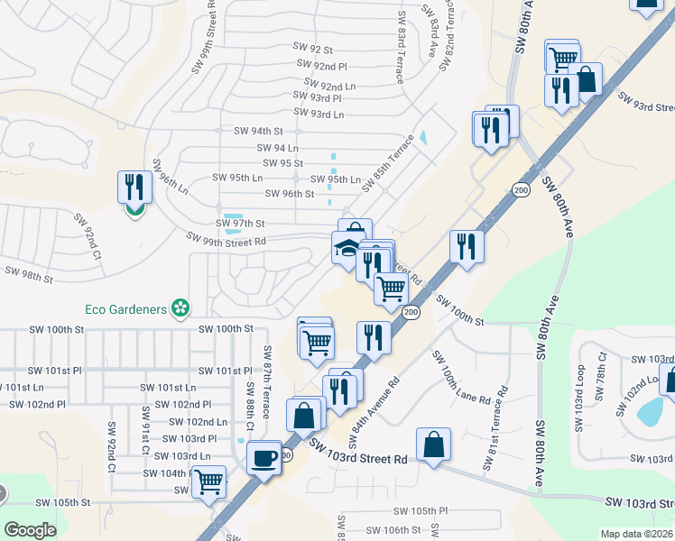 map of restaurants, bars, coffee shops, grocery stores, and more near 9880 Southwest 84th Court in Ocala