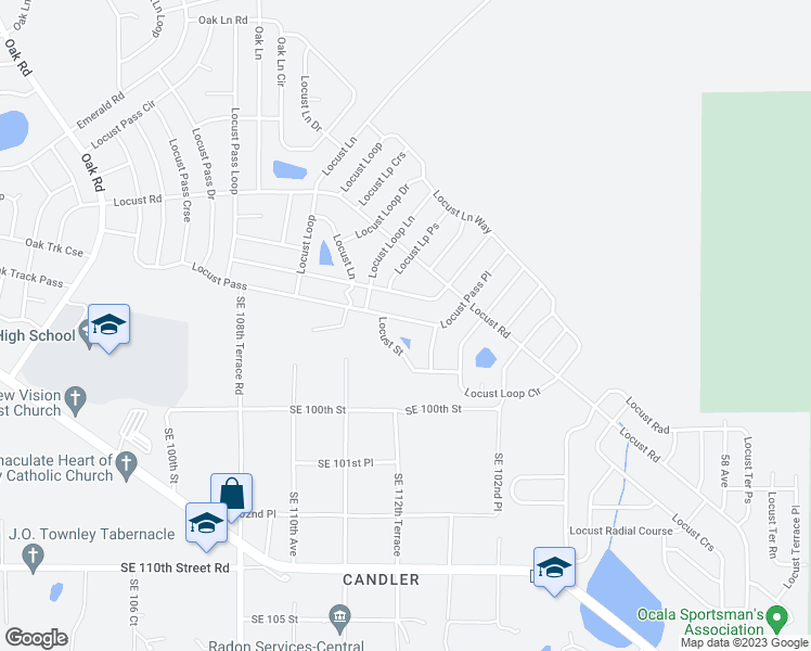 map of restaurants, bars, coffee shops, grocery stores, and more near 313 Locust Pass in Ocala