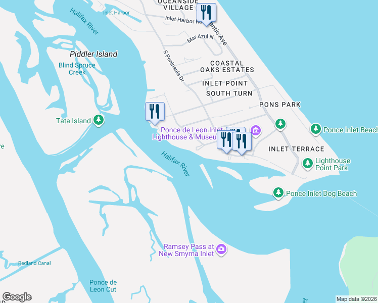 map of restaurants, bars, coffee shops, grocery stores, and more near 4928 Sailfish Drive in Ponce Inlet