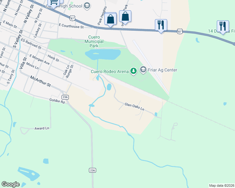 map of restaurants, bars, coffee shops, grocery stores, and more near 263 Glen Oaks Lane in Cuero