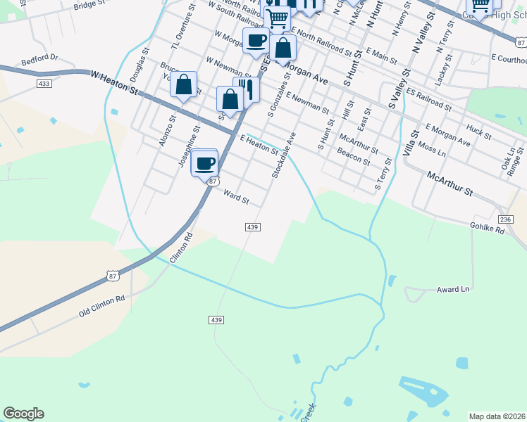 map of restaurants, bars, coffee shops, grocery stores, and more near 1001 Stockdale Avenue in Cuero
