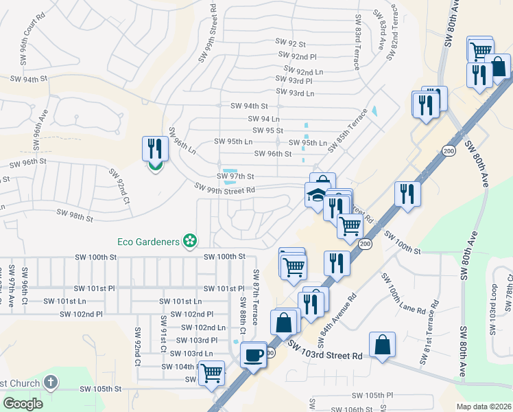map of restaurants, bars, coffee shops, grocery stores, and more near 8700 Southwest 98th Street Road in Ocala