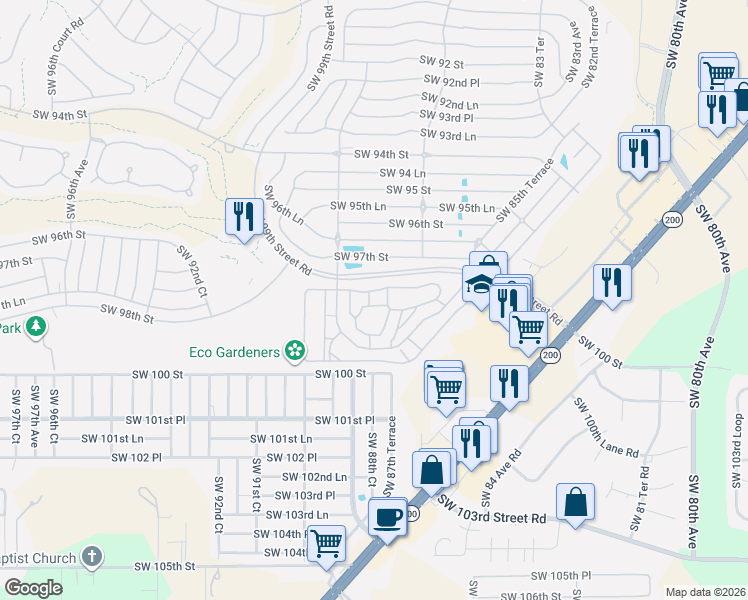 map of restaurants, bars, coffee shops, grocery stores, and more near 8875 Southwest 98th Street Road in Ocala