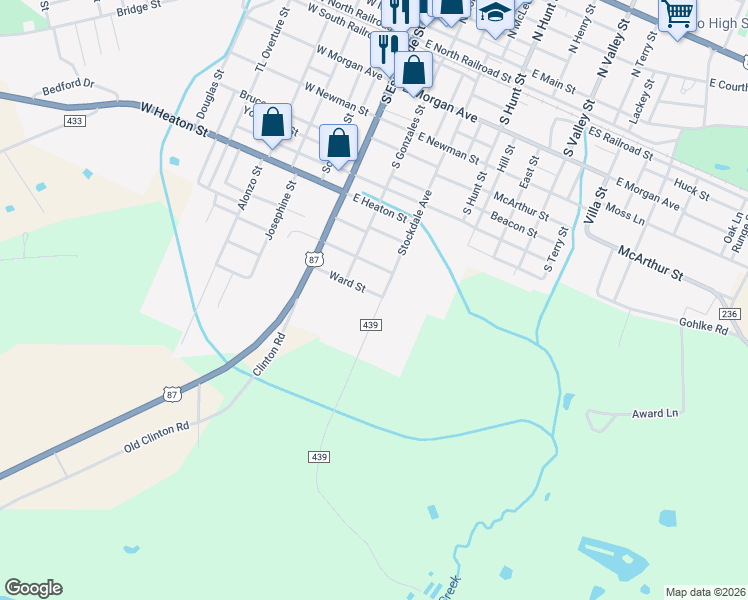 map of restaurants, bars, coffee shops, grocery stores, and more near 1001 Stockdale Avenue in Cuero