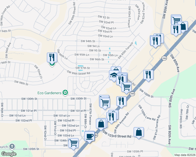 map of restaurants, bars, coffee shops, grocery stores, and more near 8700 Southwest 98th Street Road in Ocala