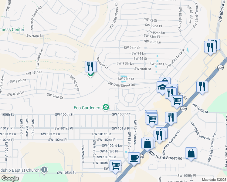 map of restaurants, bars, coffee shops, grocery stores, and more near 8885 Southwest 98th Street Road in Ocala