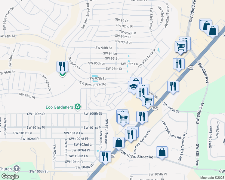 map of restaurants, bars, coffee shops, grocery stores, and more near 8700 Southwest 98th Street Road in Ocala