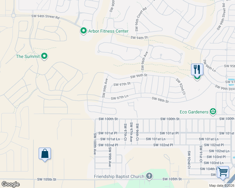 map of restaurants, bars, coffee shops, grocery stores, and more near 9821 Southwest 97th Place in Ocala