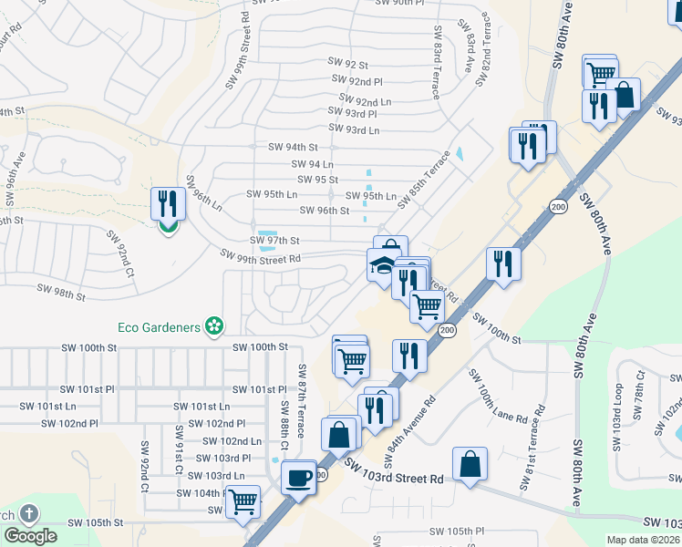 map of restaurants, bars, coffee shops, grocery stores, and more near 9800 Southwest 85th Terrace in Ocala