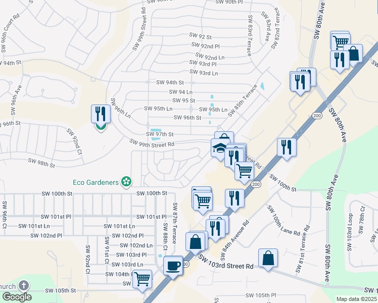 map of restaurants, bars, coffee shops, grocery stores, and more near 8700 Southwest 98th Street Road in Ocala