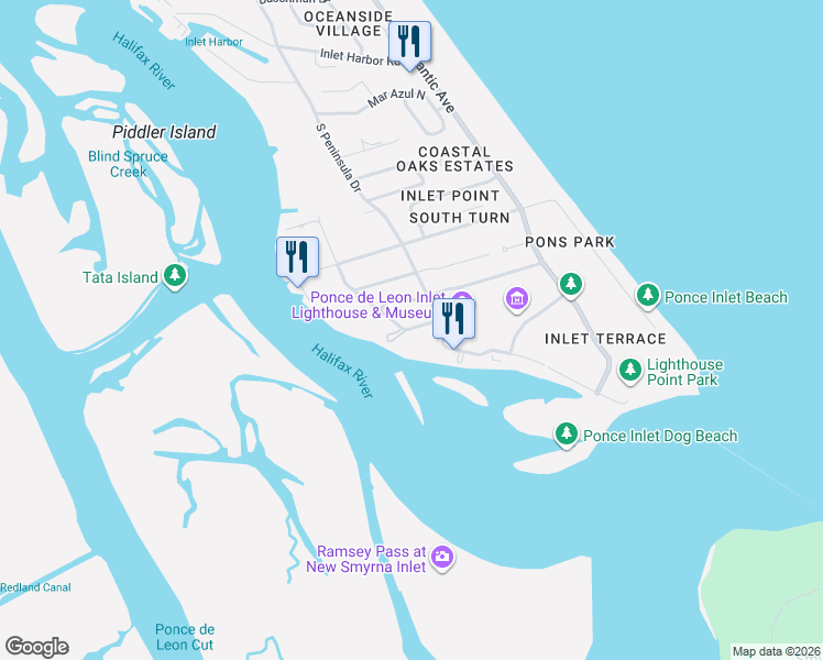 map of restaurants, bars, coffee shops, grocery stores, and more near 4928 Sailfish Drive in Ponce Inlet