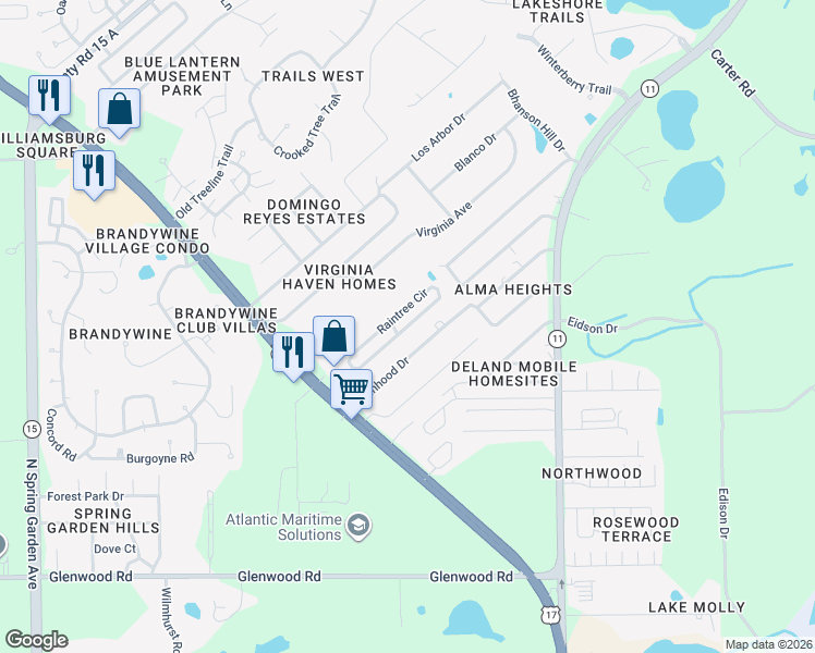 map of restaurants, bars, coffee shops, grocery stores, and more near 219 Raintree Circle in DeLand