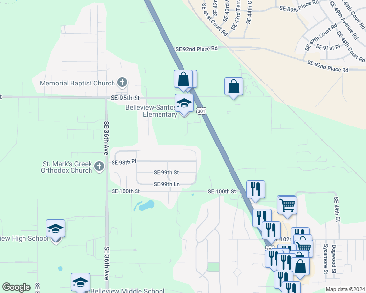 map of restaurants, bars, coffee shops, grocery stores, and more near 4049 Southeast 97th Lane in Belleview