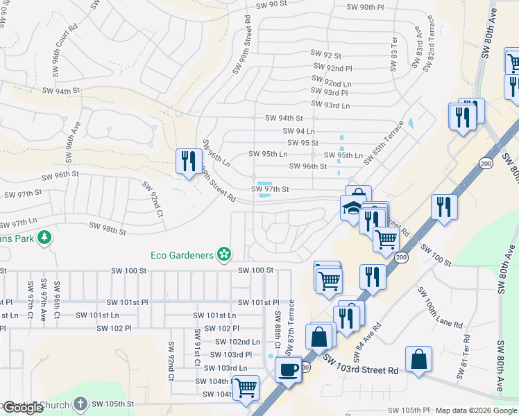 map of restaurants, bars, coffee shops, grocery stores, and more near 8885 Southwest 98th Street Road in Ocala