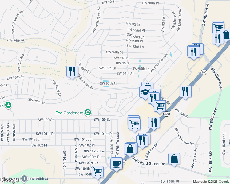 map of restaurants, bars, coffee shops, grocery stores, and more near 8875 Southwest 98th Street Road in Ocala