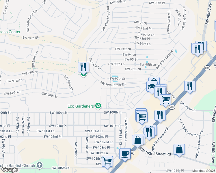 map of restaurants, bars, coffee shops, grocery stores, and more near 8885 Southwest 98th Street Road in Ocala