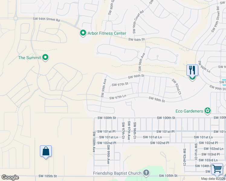 map of restaurants, bars, coffee shops, grocery stores, and more near 9821 Southwest 97th Place in Ocala
