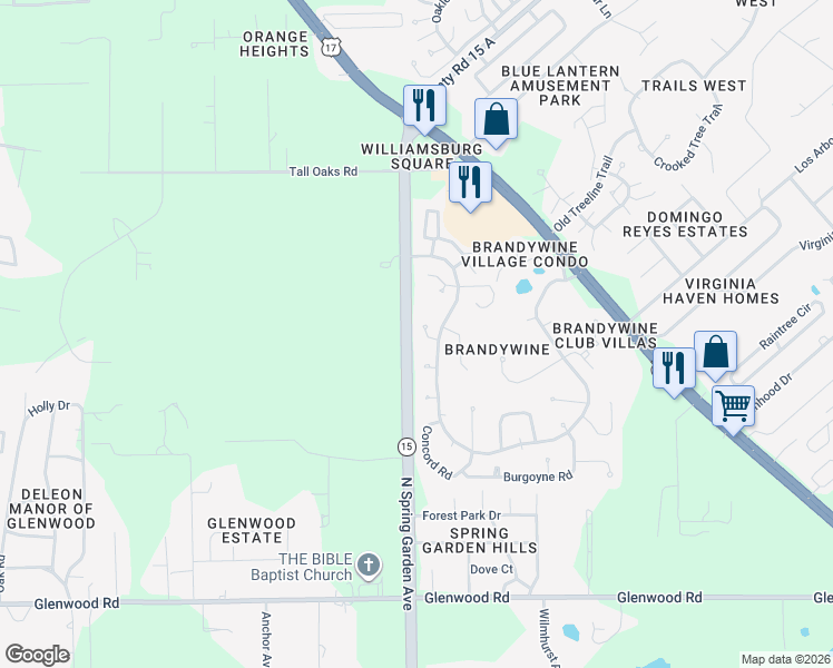 map of restaurants, bars, coffee shops, grocery stores, and more near 2860 Green Mountain Road in DeLand