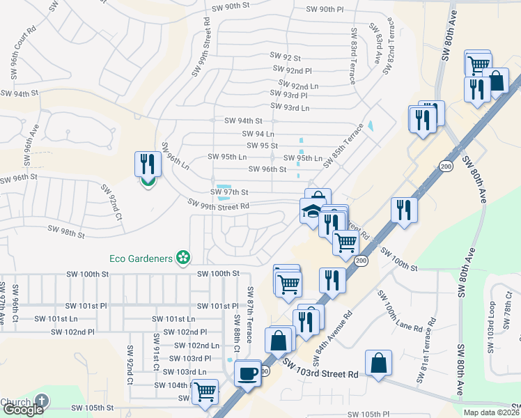 map of restaurants, bars, coffee shops, grocery stores, and more near 8700 Southwest 98th Street Road in Ocala