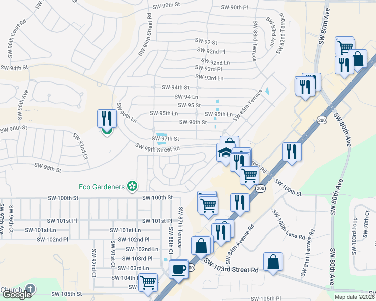 map of restaurants, bars, coffee shops, grocery stores, and more near 8700 Southwest 98th Street Road in Ocala