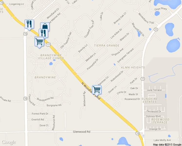 map of restaurants, bars, coffee shops, grocery stores, and more near 336 Raintree Circle in DeLand