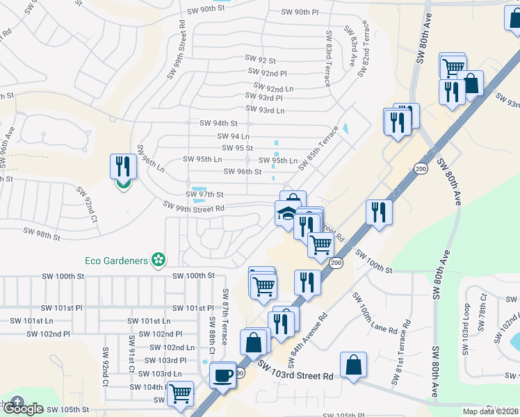 map of restaurants, bars, coffee shops, grocery stores, and more near 9800 Southwest 85th Terrace in Ocala