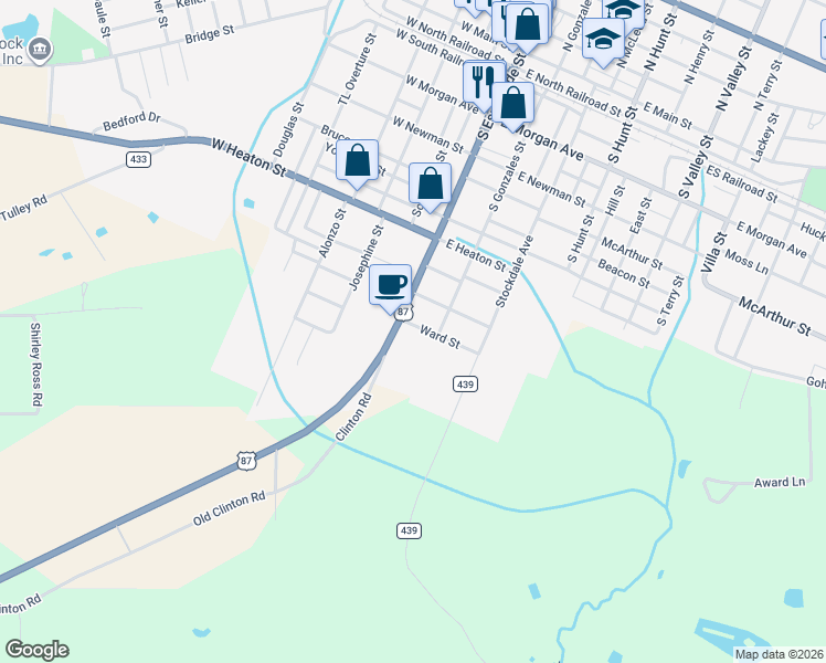map of restaurants, bars, coffee shops, grocery stores, and more near 1003 South Esplanade Street in Cuero