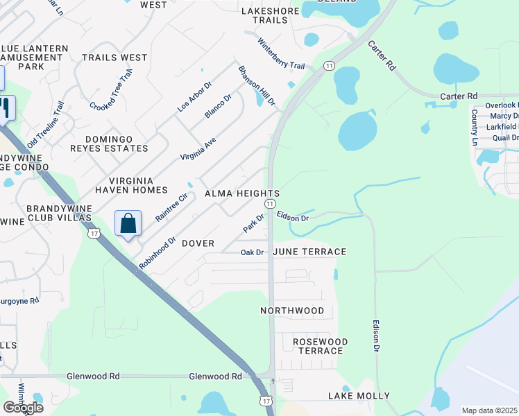 map of restaurants, bars, coffee shops, grocery stores, and more near 381 Park Drive in DeLand