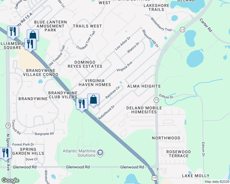 map of restaurants, bars, coffee shops, grocery stores, and more near 219 Raintree Circle in DeLand
