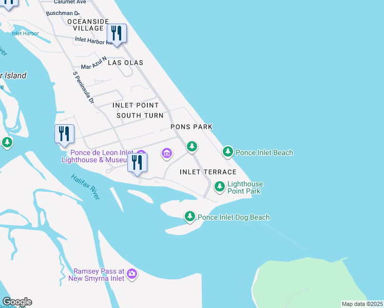 map of restaurants, bars, coffee shops, grocery stores, and more near 5000 South Atlantic Avenue in Ponce Inlet