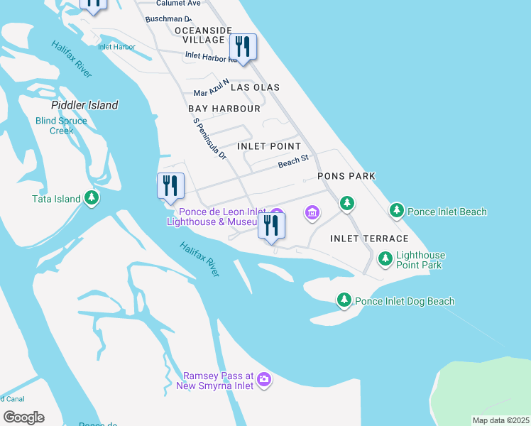 map of restaurants, bars, coffee shops, grocery stores, and more near 79 Ocean Way Drive in Ponce Inlet
