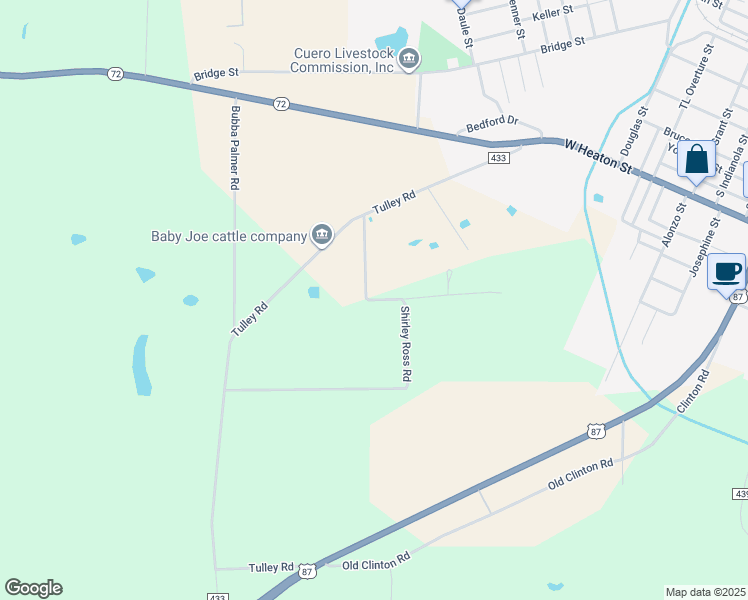 map of restaurants, bars, coffee shops, grocery stores, and more near Shirley Ross Road in Cuero