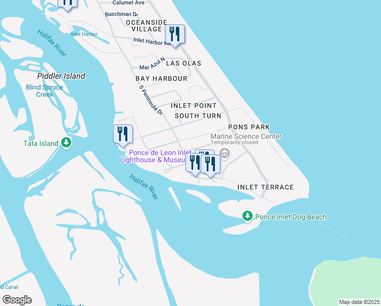 map of restaurants, bars, coffee shops, grocery stores, and more near 79 Ocean Way Drive in Ponce Inlet