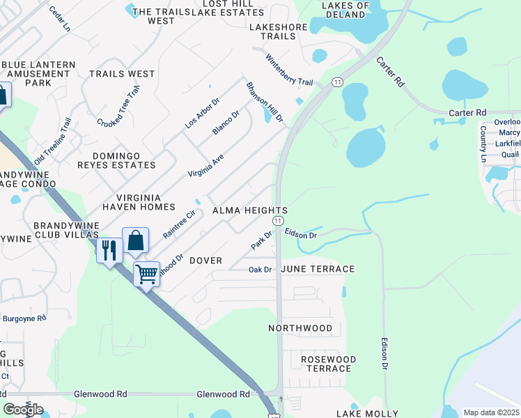 map of restaurants, bars, coffee shops, grocery stores, and more near 497 King Charles Circle in DeLand
