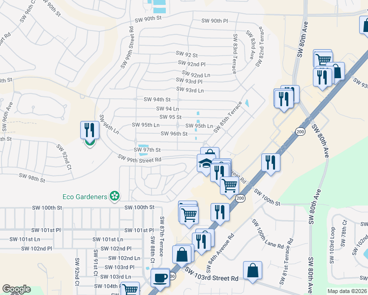 map of restaurants, bars, coffee shops, grocery stores, and more near 8672 Southwest 96th Lane in Ocala