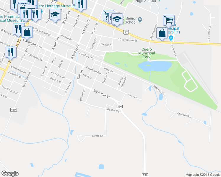 map of restaurants, bars, coffee shops, grocery stores, and more near 1207 Moss Lane in Cuero