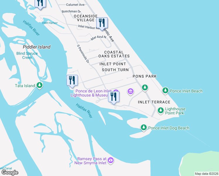 map of restaurants, bars, coffee shops, grocery stores, and more near 82 Ocean Way Drive in Ponce Inlet