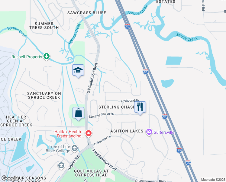 map of restaurants, bars, coffee shops, grocery stores, and more near 821 Wingate Trail in Port Orange