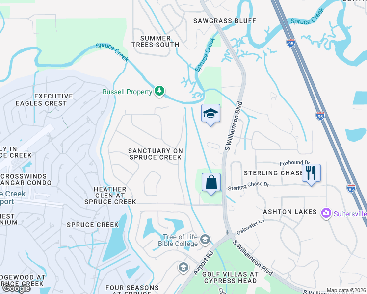 map of restaurants, bars, coffee shops, grocery stores, and more near 6117 Oxbow Bend Lane in Port Orange
