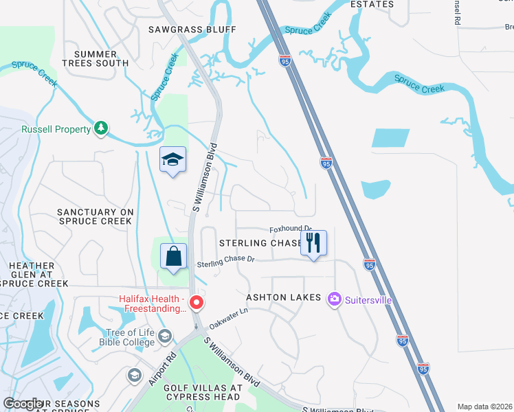map of restaurants, bars, coffee shops, grocery stores, and more near 821 Wingate Trail in Port Orange