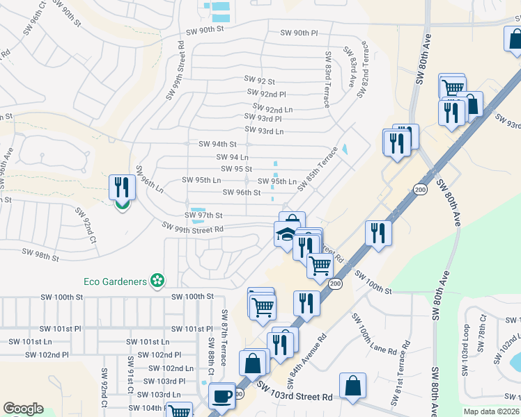 map of restaurants, bars, coffee shops, grocery stores, and more near 8672 Southwest 96th Lane in Ocala