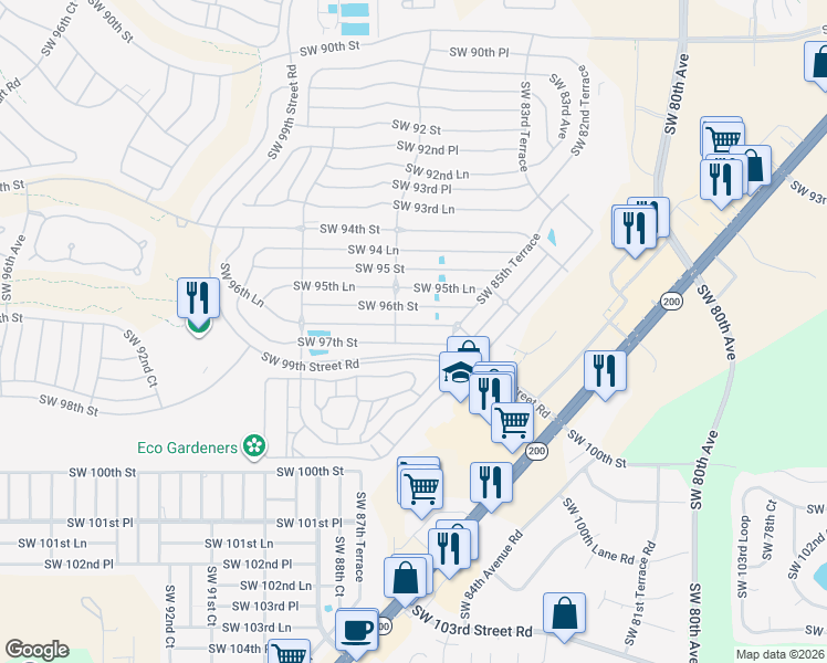 map of restaurants, bars, coffee shops, grocery stores, and more near 8672 Southwest 96th Lane in Ocala