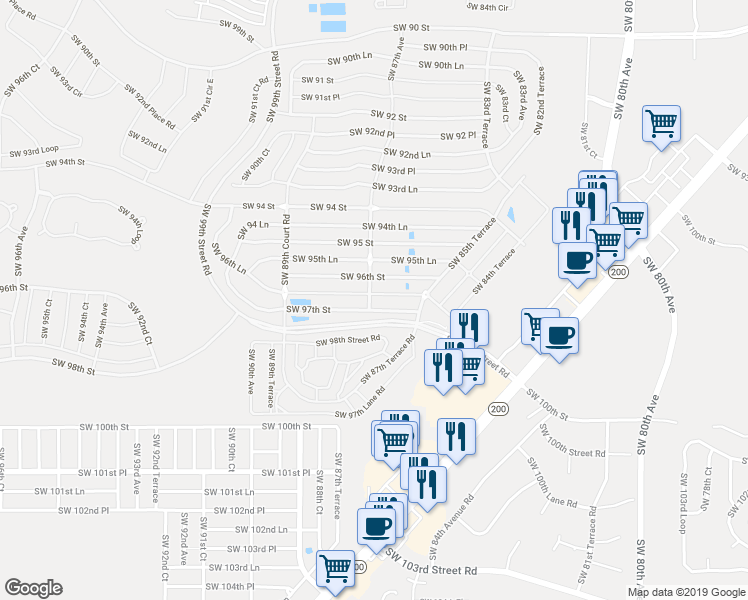 map of restaurants, bars, coffee shops, grocery stores, and more near 8672 Southwest 96th Lane in Ocala
